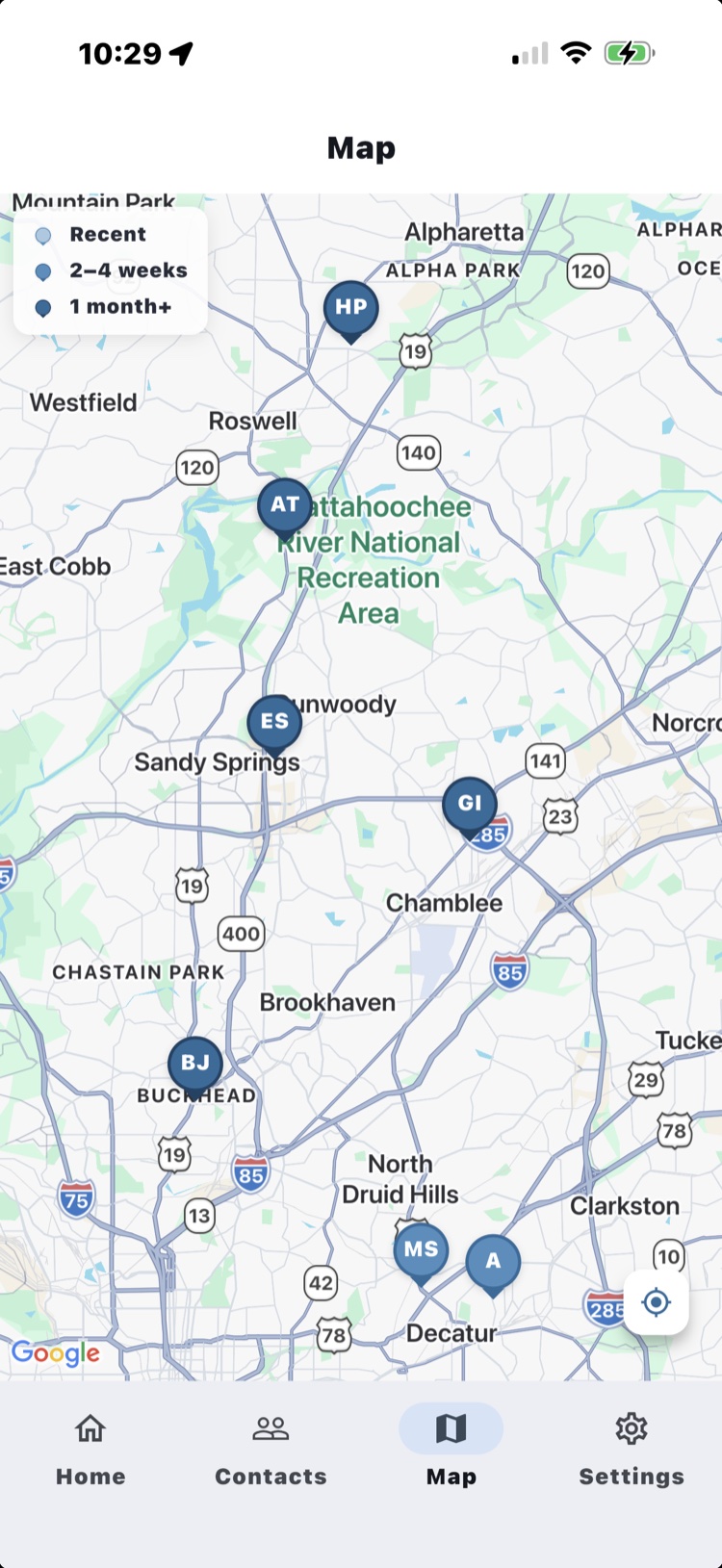 Map screen centered on a metro Atlanta territory showing pinned contacts colour-coded by recency (Recent, 2–4 weeks, 1 month+), a current-location button, and the bottom tab bar.